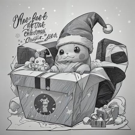 pikachu wearing a (santa hat:1.15), in an unwrapped christmas box, (black and white engraving:1.05)