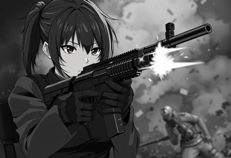 Hyperrealistic black and white image in a gritty, real-world style of a serious and intense anime girl. She is not cute but rather hardened, wearing a tactical black suit. The suit is slightly worn, suggesting battle experience. She is holding and aiming an assault rifle with precision, as if she’s locked onto a target. The rifle is sleek, with subtle signs of wear and tear, adding to the realism. There are sparks and muzzle flashes as she fires at an unseen enemy, with spent shells ejecting from the rifle. Her expression is cold and focused, with a slight hint of determination. The background is dark and blurred, hinting at a chaotic battlefield with smoke and debris, adding to the tense and dramatic atmosphere. The overall tone is intense, with sharp contrasts and detailed shading, capturing a moment of fierce combat.