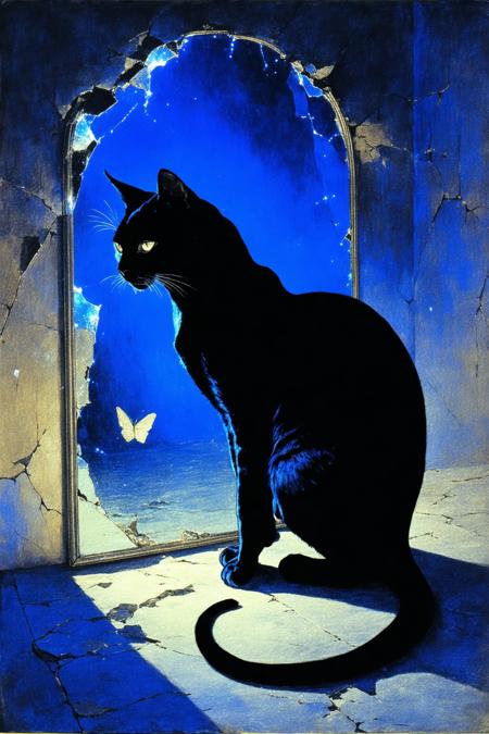 A midnight-hued feline arcs its spine like a storm-swollen wave, dominating a low-angle perspective in a fractured parlor room. Franz Marc’s expressionist tension electrifies the scene: smoldering amber walls bleed into cobalt shadows, while a shattered mirror splinters light into prismatic shards that cling to the cat’s silk-furred flanks. Chiaroscuro carves its pupils into twin supernovas, casting elongated claws that gouge velvet-upholstered chaos. The air hums with static, charged by the creature’s coiled stillness, as a single moth—translucent wings etched with bioluminescent veins—hovers near its twitching ear, caught between predation and reverence.