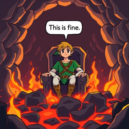 Link sitting in a chair surrounded by lava, in a lava dungeon, saying "This is fine"