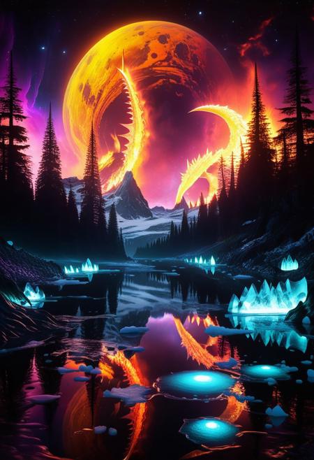 Ultrarealistic. sharp focus, dynamic lighting. play of light, reflection, refraction, Raytracing, Ultra detailed. Alien themed. Alien scenery. alien scenery background. alienworld. An alien fire dragon surrounded by ice.enchanting, cosmic, celestial, ethereal, vibrant flora, magical, luminous, serene, dreamy, radiant, bioluminescent, intricate details, surreal, enchanted forest