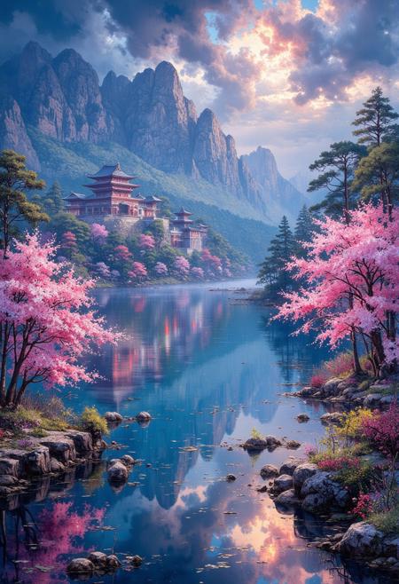 mythp0rt, ArsMJStyle, impressionism, extremely detailed, smooth and sharp, ultra realistic ominous and dark, deep shadows, cherry blossom tree forest surrounding a wide blue lake in the foreground, the clear water reflecting the sunlight, a distant Japanese town hugging the lake-edge, detailed and intricate, with myriad streets and a central Japanese palace, busy skies before the storm, clouds are dense and huge, winds disturbing treetops and blowing petals across the lake's surface, dense clouds, intricate details, desolate, intricate and detailed,