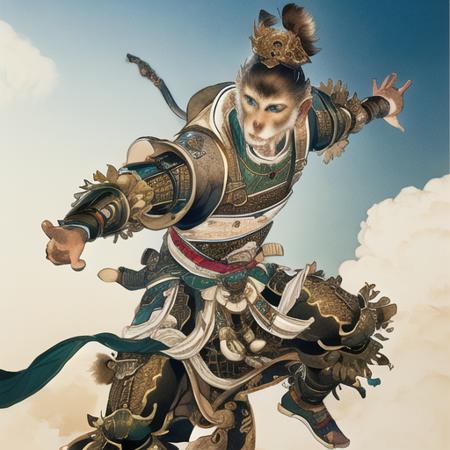 masterpiece,  {{ultra-detailed}},traditional_media, best quality, realistic, extremely detailed CG unity 8k wallpaper,looking at viewer, cloud, monkey king,armor,  <lora:xiyouchahua2:0.5>, fighting stance,