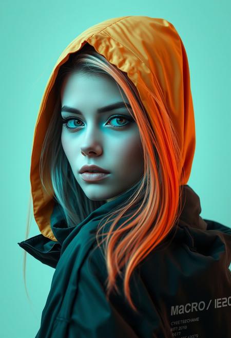 cyberpunk, closeup portrait of a woman with a half robot face, pastel teal/orange colored,  wearing a black high collar hooded parka with technical macro writing resembling an qr-code//bar-code on the back, solo, woman, high collar parka,