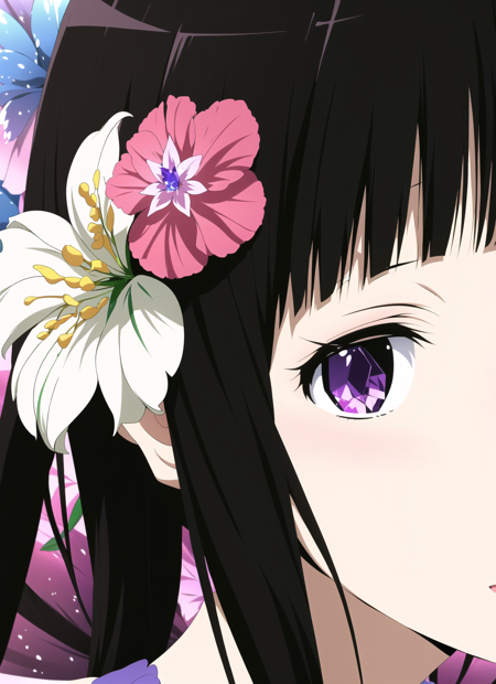 hyouka <lora:hyouka_offset:1>, masterpiece, best quality, chitanda eru, 1girl, purple eyes, long hair, black hair, flower,  hair flower, hair ornament, close-up, :o, bangs,  crystal, flowers made of crystal, abstract background, surreal, blurry