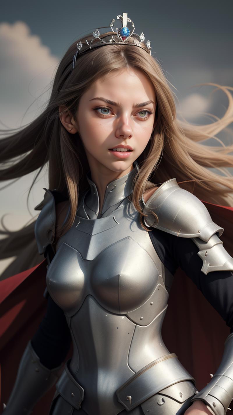 A computer-generated image of a woman in a metal armor with a red cloak.