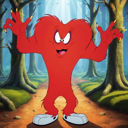 gossamer, best quality, hilarious cartoon, 8k, uhd, in the forest, natural lighting arms out, evil smile <lora:sdxl_goss_gossamer_v10-000017:0.8>