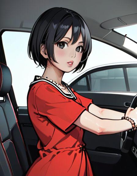 aoi tsukasa, 1girl, solo,  bracelet, jewelry, realistic, black short hair, black eyes, ultra pose
inside a car , (body shot)
(<lora:Aoi_Tsukasa:1> Aoi Tsukasa),
parted lips, (black room background:1),