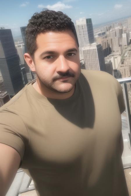 <lora:bogg_dann:0.8>, bogg dann, masterpiece, best quality, 1boy, solo, male focus, shirt, wristwatch, watch, facial hair, outdoors, black hair, closed mouth, short sleeves, realistic, blurry, brown shirt, t-shirt, photo background, sky, towel on one shoulder, towel, striped shirt, taking picture, selfie, close-up, skyscraper, on roof, depth of field,