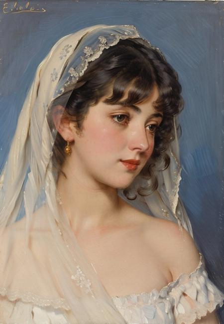 a portrait painting of a woman by EBls, brown eyes, black hair, veil, signature, lips, white dress, looking to the side, blue background, bare shoulders, upper body, nose, looking away, short hair, simple background, <lora:blaas_resize:0.9>