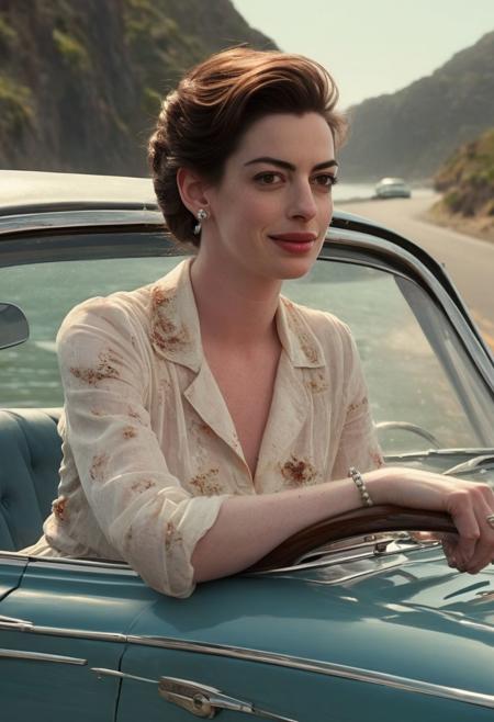 A photorealistic image of Anne Hathaway, with a serene smile on her face, gripping a jeweled dagger and plunging it into her palm. Blood trickles down her wrist, but her expression remains calm and composed. She's behind the wheel of a vintage car, driving down a scenic coastal highway with the ocean sparkling in the background. Style tags: photorealistic, 8k resolution. Additional tags: vintage car, coastal highway, serene expression, blood on hand.
