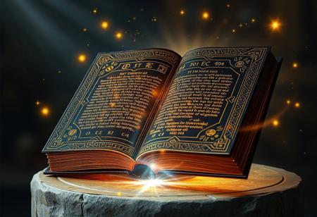 ancient magical book, bound in dark leather, intricate golden designs on the cover, softly glowing runes floating around, pages made of ethereal light, softly pulsing with knowledge, mysterious energy swirling from the pages, cosmic symbols and stars etched into the cover, floating slightly above a stone pedestal, high resolution, photorealism, ((masterpiece)), ancient and revered, glowing golden text on the pages, divine and otherworldly, light beams extending from the pages, enchanted and powerful, surrounded by a soft aura of wisdom