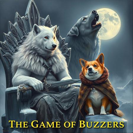 A regal white wolf (as Jon Snow) sits on a frosty throne, gripping a chew-toy sword. Beside him, a tiny but fierce corgi (Tyrion Lannister) wears a tiny fur cloak and a smug expression. In the background, a massive Saint Bernard (Ghost) howls at the icy moon. The headline is “The Game of Buzzers.”
Style: Epic fantasy oil painting, cold and misty atmosphere, intricate armor details.