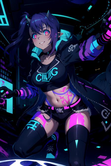 (masterpiece, best quality),  leviathanstreet, smile, city, night, cyberpunk, neon, (blacklight:1.3), graffiti <lyco:LeviathanV1:0.75> <lora:Blacklight_v1:1.2>