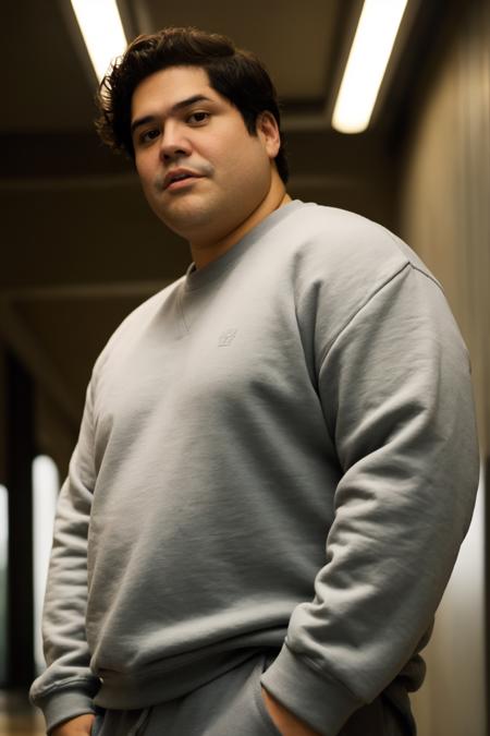 HarveyGuillen, large format photo of a man, anxious facial expression, gray crewneck sweatshirt, jogger sweatpants and slip-on sneakers, upper body, under bounced lighting, from below, shot on a Kodak Brownie <lora:rs-HarveyGuillenLora-03:1>