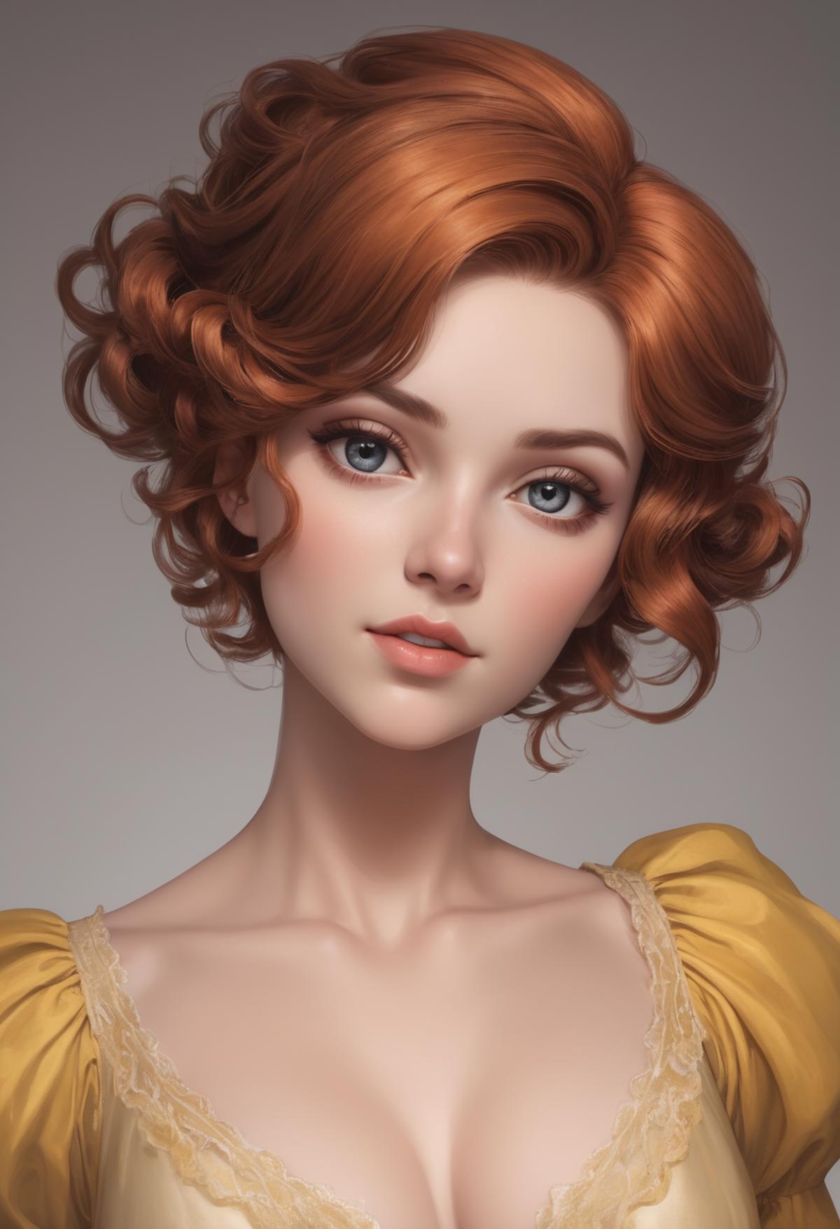 The image features a beautiful, long-haired, red-haired female character with blue eyes. She is wearing a yellow dress and is posed in a profile view, making her appear elegant and poised. The character's features, such as her nose, lips, and eyes, are carefully crafted, giving her a realistic and captivating appearance.