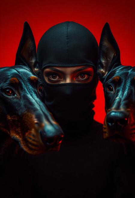 ultra cinematic shot, three black dobermans, ultra detailed, surrounding a masked fashion girl and an expressionless face, slick with sweat, predatory and intense gaze, dramatic directional lighting, harsh shadows, minimal immersive ambient, solid red background, in the style of Chris Cunningham, psychological-thriller tone, electric tension, gritty atmosphere, suspenseful, 35mm lens, cinematic realism, mysterious, dangerous and magnetic vibe