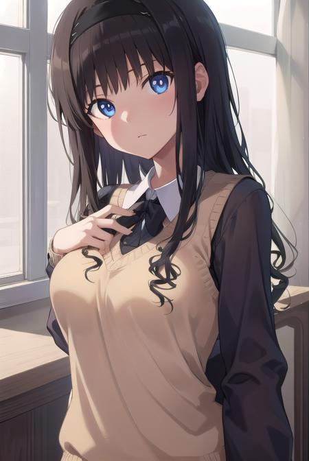 harukamorishima, <lora:harukamorishimatest:1>, haruka morishima, long hair, black hair, hairband, black hairband,
BREAK kibito high school uniform, school uniform, sweater vest,,
BREAK looking at viewer,
BREAK indoors, classroom,
BREAK <lora:GoodHands-vanilla:1>, (masterpiece:1.2), best quality, high resolution, unity 8k wallpaper, (illustration:0.8), (beautiful detailed eyes:1.6), extremely detailed face, perfect lighting, extremely detailed CG, (perfect hands, perfect anatomy),