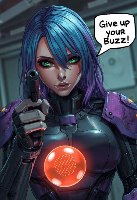 ultra realistic, Epic, cinematic lighting, semi realistic anime style, A portrait of a female cyborg holding the viewer at gunpoint. The cyborg is looking down at the viewer with a calm and confident expression waiting for her target to react. A speech bubble is depicted conveying the cyborg's thoughts  "Give up your Buzz" she demands. The cyborg is is a mid twenties Caucasian female, she has a half blue, half purple long hair, her eyes are green with a circuit pattern inside her iris, she has an attractive face dirtied by her manual work. She is wearing futuristic carbon armour covering her ample chest, torso and hips the armour is a blend of black and purple. Her left arm is robotic holding a glowing sphere while her right arm is holding the gun.