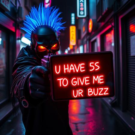 Cyberpunk criminal with glowing blue glass fiber mohawk and black skull mask, glowing red eyes, black leather coat, in cyberpunk street alley, aiming gun at viewer showing futuristic ipad with neon text on it "U HAVE 5S TO GIVE ME UR BUZZ", neon lights, night, wet asphalt