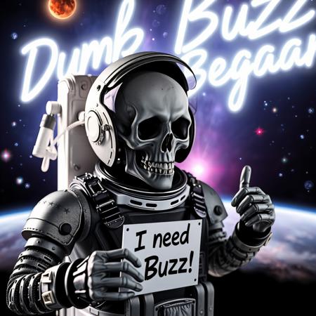 masterpiece, intricate photo realistic photo, realistic outer space skull astronaut in astronaut suite with helmet and transparent visor holding a small white sign on which is written "I need Buzz!", background outer space, stars, galaxies, nebulae, in the sky is written in neon letters "Dumb Buzz Beggar", as realistic as possible, hyper realistic, highly detailed, sharp focus, dusk and dawn of technology, dark art, gothic art, cyberpunk style, best quality, high resolution, colorful, vibrant colors, studio lighting, high quality image, no wrong proportions, 8K