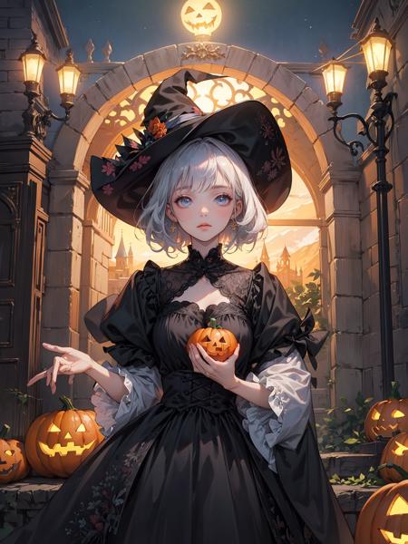 (extremely detailed CG unity 8k wallpaper),(masterpiece),(best quality),(ultra-detailed),(best illustration),1girl,candy,hallowmas,night,pumpkin lamp,witch,The detailed castle,mist encircles the mountains,fairyland,nature,flowers,<lora:æ°´å¢¨-000012:0.5>,