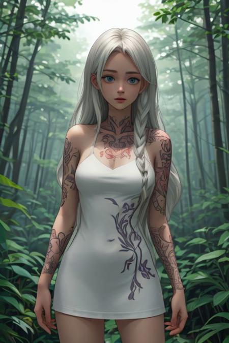 Slender girl, full-length, red long hair, curls, blue eyes, ((tattoos on her arms, tattoos on her legs, tattoos on her chest)), stands in a white light dress, in the middle of a clearing in the forest, the sun's rays