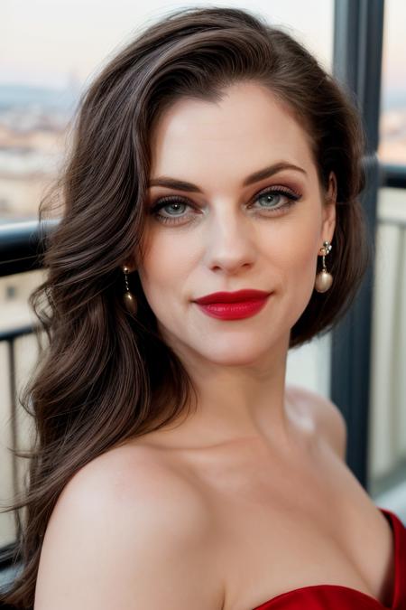 Professional photograph of JDG Woman, (portrait), she's looking at the camera, smiling, wearing red lipstick, eyeliner, earrings. She's wearing a black formal dress. Standing in a balcony, overlooking city of Rome. Modern Rome, night time, starry sky background, palazzos, beautiful buildings. She has dark hair, her hair is pulled back and combed to the sides, she has blue eyes, and a beautiful smile. 4k, 8k, masterpiece, highest quality, bokeh, absurdres <lora:Jessica De Gouw 1.0 by Mal-1716:0.8> <lora:add_detail:0.6> brow risen