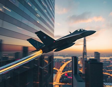 ((f 35 lightning)),fighter,vibrant,dynamic,cirrus_spissatus,dusk,tokyo,reflections,tokyo,depth of field,(the fighter flies close to the skyscraper:1.1),((((reactive stream)))),flies vertically down,motion_lines,sea,close-up,skyscrapers,