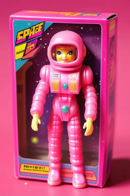 <lora:1987 Action Figure Playset Packaging:1>1987 Action Figure Playset Packaging - space packaging of a pink astronaut woman like dog action figure, 90s toy style box, box with plastic window and many space references