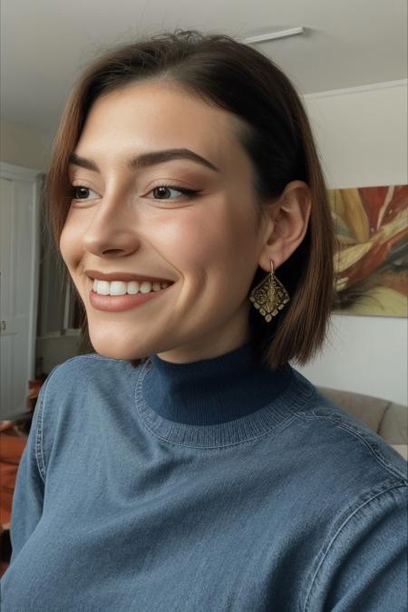 Realism_Quality_2xx_By_Stable_Yogi, OverallDetail,  super_model, 1girl, solo, masterpiece, High quality,  wasp, choker, makeup, short hair, blue Eyes, Medium Breasts, Perky Breasts, Off-shoulders Red Sweater, Jeans, Smile, Earrings, living room, <lora:Victoria:1.0>