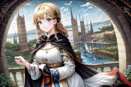 at historical castle; solo, waifu with blonde hair, blue eyes, white dress and black cape; exceptional, best aesthetic, new, newest, anime, masterpiece, best quality, ultra detailed; correct anatomy, golden ratio, perspective; painting by John William Waterhouse