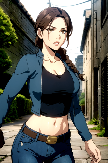 UnderworldLara, ponytail, brown eyes tanktop, chest harness, shorts, thigh holster, boots, socks, fingerless gloves teal leotard, hip window, shorts, fingerless gloves, boots, socks, backpack straps wetsuit, zipper down, cleavage, belt, chest harness, cleavage, thigh holster