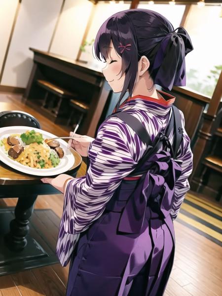 masterpiece, best quality, ultra-detailed, extremely detailed, illustration,
BMC, 1girl, solo, (yagasuri), japanese clothes, food, plate, closed eyes, indoors, skirt, hakama, hakama skirt, realistic, kimono, holding, black hair, ponytail,  , boots, cross-laced footwear, lace-up boots,  smile, meiji schoolgirl uniform, tasuki,  ribbon, full body, hair ribbon, purple hakama, wooden floor, looking back,
 <lora:BasyamichiV6:0.8>