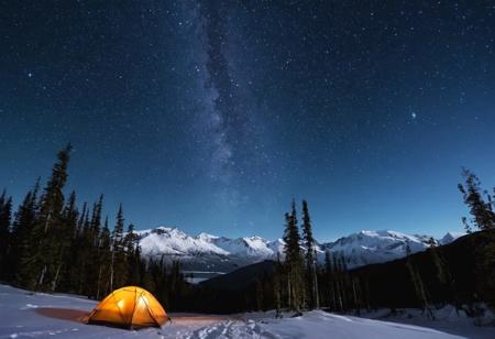 scenic landscape, Long-exposure astro-photography, (starry ht sky:1.22), irregular shattered luminous star clusters in sky, (stellar background:0.9), (high-resolution) (sharp details:0.85),} scenic view into endless darkness of sky (high quality:1.22)  (Birch grove camp), (glacier's blue ice), (rusting plane parts), (hiking path), (snowy ridges) (pui:0.42)  ,