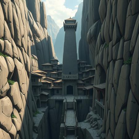 A liminal space in Iwagakure, the Hidden Stone Village, exactly as seen in Naruto. Massive rock formations rise around the village, their jagged edges worn smooth by time. The buildings, carved directly into the stone, blend seamlessly with the cliffs, their earthy tones merging with the landscape. The Tsuchikage’s tower, a monolithic structure of solid rock, stands in the center, dominating the skyline.
The village is completely empty—no shinobi, no movement, only the distant sound of wind brushing against the stone. The narrow streets, usually bustling with activity, are eerily silent. The stone bridges stretch across deep ravines, leading to doorways that open into darkness. The weight of the surrounding mountains feels oppressive, making the village seem trapped in stillness, frozen in time. Iwagakure stands strong, unchanged, yet abandoned, as if waiting for life to return.