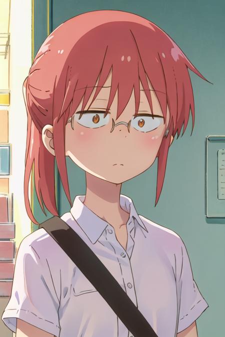 best quality, masterpiece, highres, solo, {kobayashi_kobayashisanchinomaidragon:1.15}, glasses, red_hair, blush, ponytail, bangs, closed_mouth, brown_eyes, 2girls, multiple_girls, shirt, blonde_hair, solo_focus, hair_between_eyes, white_shirt, long_hair, looking_at_another, short_sleeves