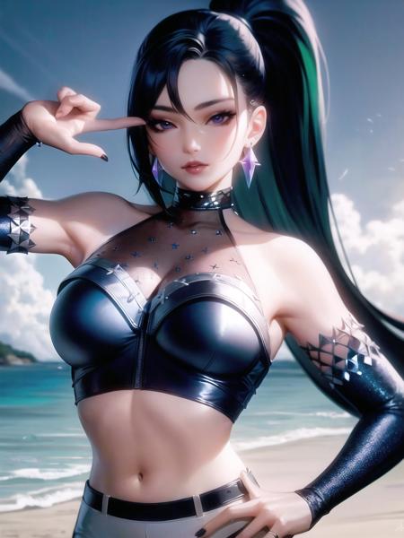 (beach:1.5), high detailed, 8k, highres, (k/da all out kai'sa), league of legends, k/da \(league of legends\), 1girl, solo, cowboy shot, official alternate costume, black hair, multicolored hair, long hair, very long hair, ponytail, long ponytail, streaked hair, green hair, two-tone hair, purple eyes, lips, jewelry, earrings, makeup, bare shoulders, crop top, black crop top, collarbone, collar, shiny clothes, detached sleeves, breasts, medium breasts, crystals, gloves, elbow gloves, single fingerless glove, midriff, belt, pants, white pants, tight pants, high-waist pants, armpits, looking at viewer