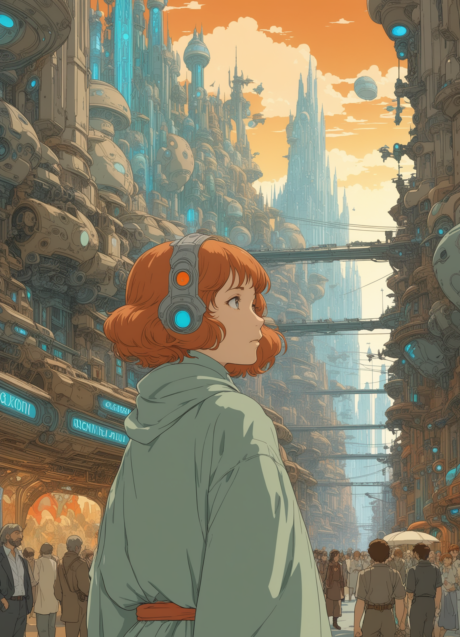 A woman in a futuristic city with a green hoodie and headphones.