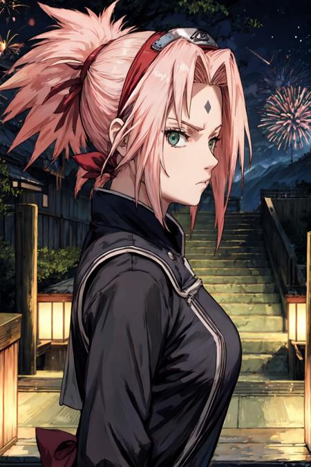 sakura shippuden, masterpiece, best quality, absurdres, solo, woman, badass, standing,  upper body,    looking at viewer,  from side, (black dress:1.2) , ponytail, forehead mark, large breasts,      forehead protector,   konohagakure symbol, inexpressive,  stairs, japanese temple, mountain, forest, (night), star, hanabi, fireworks, stars,   <lora:DetailLora:0.8>, <lyco:BetterHands:1.0>  ,   <lora:sakura_shippuden:0.8>