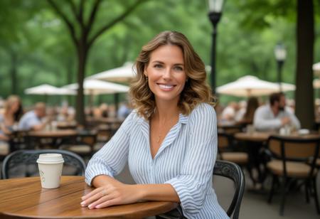 A meticulously detailed, hyper-realistic portrait of a Olivia, in her 35 years old ,with sun-kissed skin, bright green eyes, and a radiant smile. Her wavy, very short light brown hair , framing her naturally beautiful face. natural textured skin, subtle wrinkles,Detailed face skin:She is seated at an elegant outdoor café in Central Park, New York, on a perfect summer afternoon. Olivia wears a white and blue stripped linen blouse with the sleeves rolled up and blue jeans, effortlessly chic yet comfortable.  She seta in a cafe in Central Park, New York.The café has dark wooden tables and classic wrought-iron chairs, surrounded by lush green trees that provide dappled shade. The relaxed, vibrant atmosphere of a New York summer fills the scene. Shot with a Nikon D5300, 50mm lens, f/2.8 aperture, ISO 200, soft bokeh background, emphasizing Olivia while capturing the charm of Central Park in summer."