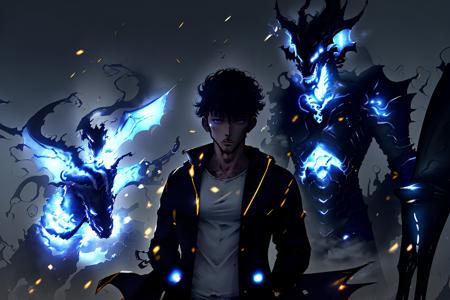 <lora:ShadowArmy_V1c:1>, a man standing in front of shadow army, best quality, masterpiece, demonic and dragon army, black jacket, white shirt