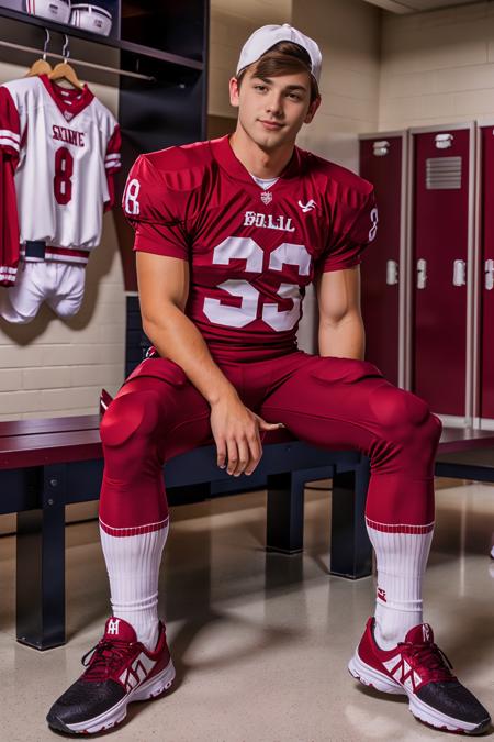 in an American football locker room, (sitting on a bench), legs spread open, MasynThorne, American football player wearing American football uniform, American football shoulder pads, (crimson red jersey:1.3), jersey number 8, (crimson red football pants and pads:1.3), (white socks:1.3), (black sneakers:1.3), crimson red backbasecap, backwards baseball cap, slight smile, (((full body portrait))), full body shot, wide angle  <lora:MasynThorne:0.75>