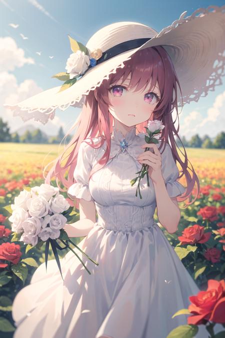 ((masterpiece, best quality)), 1girl, flower, solo, dress, holding, sky, cloud, hat, outdoors, bangs, bouquet, rose, expressionless, blush, pink hair, flower field, red flower, pink eyes, white dress, looking at viewer, midium hair, holding flower, small breasts, red rose, holding bouquet, sun hat, white headwear, depth of field, 
<lora:Masheng-000002:1>