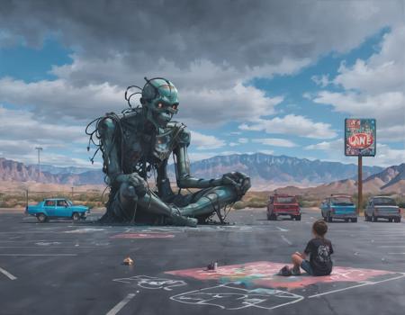 <lora:ssta:0.6>ssta, ruins that look like someone sitting cross legged, woman reaching toward drone child, cars in parking lot, graffiti, restaurant sign, mountains, desert, clouds