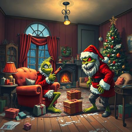 masterpiece,best quality,amazing quality, big colorful living room, broken christmas decorations, big broken christmas tree, broken window, broken sofa, destroyed gifts, messy, disorganized, cold air with snow enters through the broken window, unlit fireplace, a swinging spotlight hanging from the ceiling, 2 characters
grinch  scared hiding behind an armchair with dirty and torn clothes dirty face tired breathing deeply holding a candy bar as if it were a gun, big santa claus savage monster big fangs saliva dripping from mouth walking searching sniffing red eye hunched position