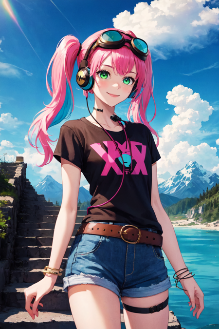 1girl, belt, bracelet, cowboy shot, goggles, goggles on head, green eyes, multicolored hair, pink hair, blue hair, neon stripes, horror theme, green hair, headphones, headphones around neck, jewelry, long hair, looking at viewer, shirt, short sleeves, shorts, smile, solo, thigh strap, twintails, blue sky, cloud, cloudy sky, day, mountain, outdoors, reflection, scenery, sky, stairs, water, masterpiece, official art