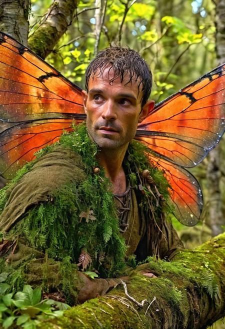 was a solitary male fairy. He was kind and reticent, yet sometimes wild in character. He had a gentle devotion to children. Dark-haired and clothed in leaves and moss, he lived in a birch wood within the Gairloch and Loch a Druing area of the north-west Highlands of Scotland. , 8k, hdr, hyperrealistic, intricate abstract, intricate details, masterpiece, ethereal light