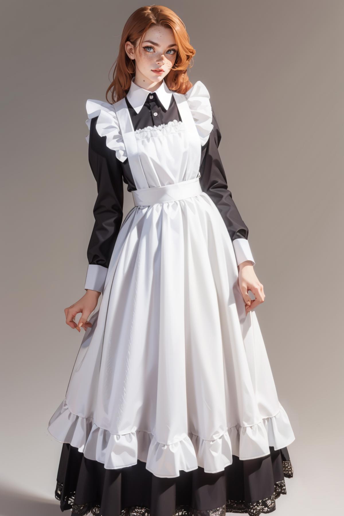 A Female Doll Modeling a White Dress with a Black Collar