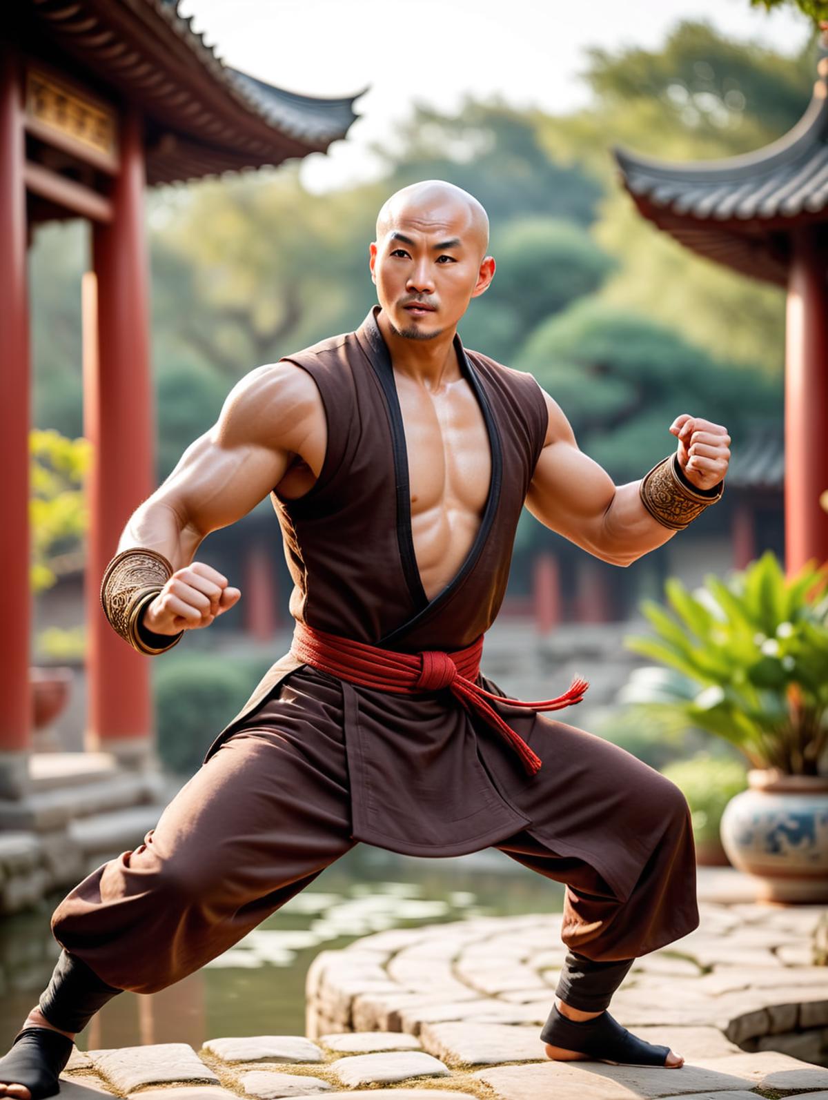 cinematic film still an action shot of a ancient chinese kung fu master monk in monk outfit with muscular body and bald he...
